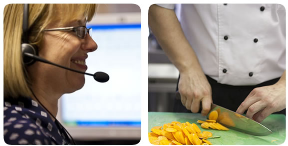 Female call-centre worker and a chef chopping veg