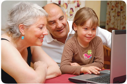 Family sitting at a computer